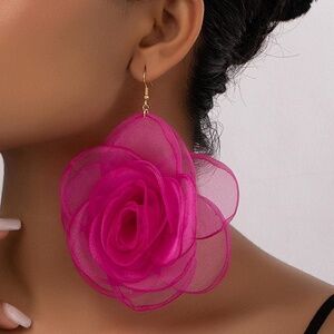 1pair Fabric Organza Rosette Phantom Flower Earrings For Women Valentines,Mom,Mo
